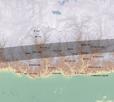Map of the eclipse path across Bhutan on 04/01/2899
