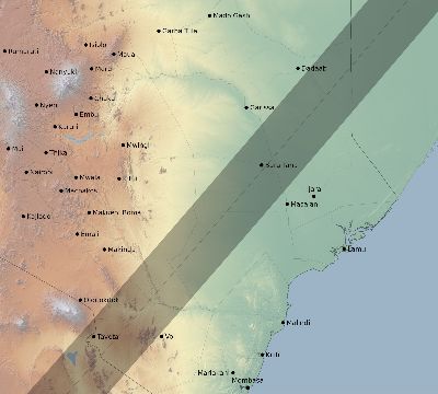 Map of the eclipse path across Kenya on 04/01/2899
