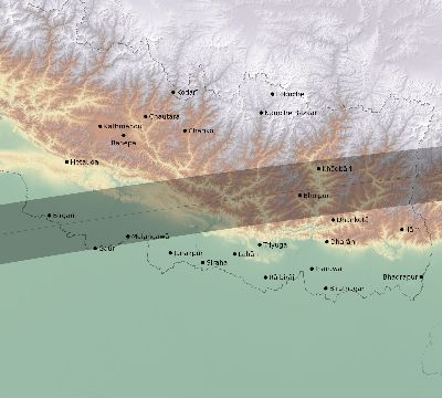 Map of the eclipse path across Nepal on 04/01/2899