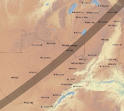 Map of the eclipse path across Zambia on 04/01/2899