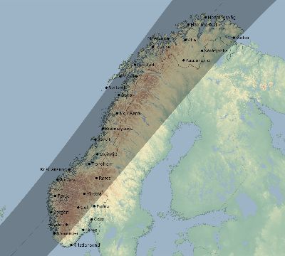 Map of the eclipse path across Norway on 05/25/2905