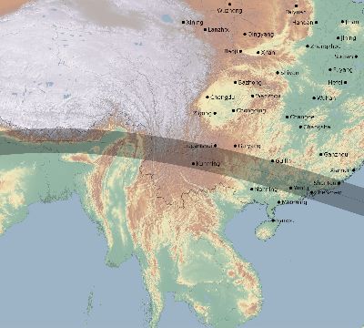 Map of the eclipse path across China on 05/14/2906