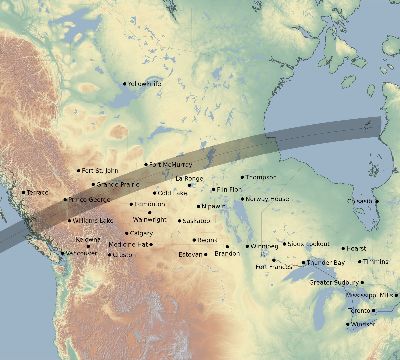 Map of the eclipse path across Canada on 03/13/2909