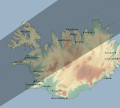 Map of the eclipse path across Iceland on 08/15/2911