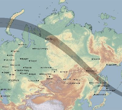 Map of the eclipse path across Russia on 08/15/2911