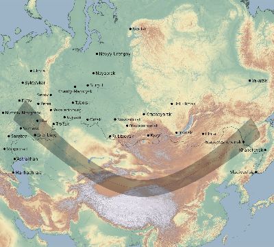 Map of the eclipse path across Russia on 12/29/2912