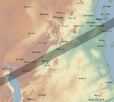 Map of the eclipse path across Tanzania on 06/25/2913