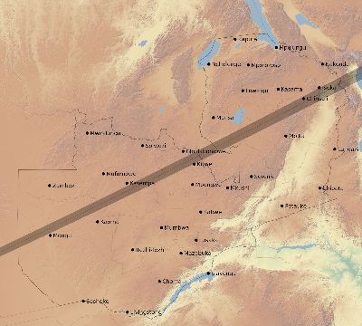 Map of the eclipse path across Zambia on 06/25/2913