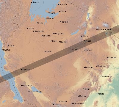 Map of the eclipse path across Tanzania on 12/18/2913