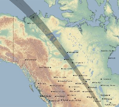 Map of the eclipse path across Canada on 10/18/2916