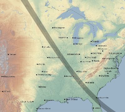 Map of the eclipse path across United States on 10/18/2916