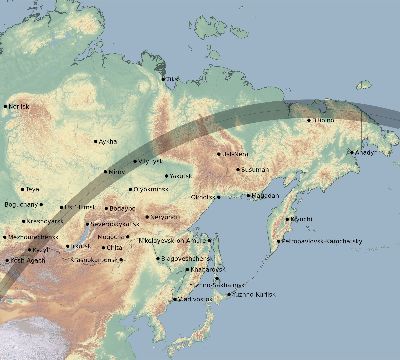 Map of the eclipse path across Russia on 04/02/2918