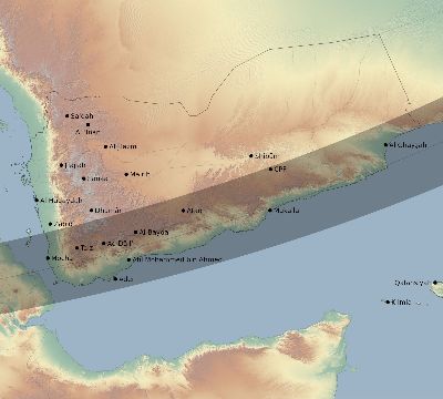 Map of the eclipse path across Yemen on 04/02/2918