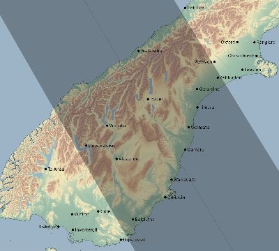 Map of the eclipse path across New Zealand on 09/26/2918