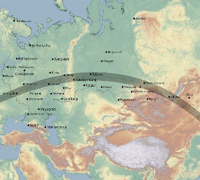 Map of the eclipse path across Russia on 08/05/2920