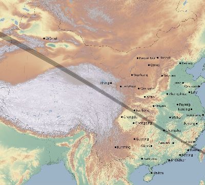 Map of the eclipse path across China on 11/07/2925