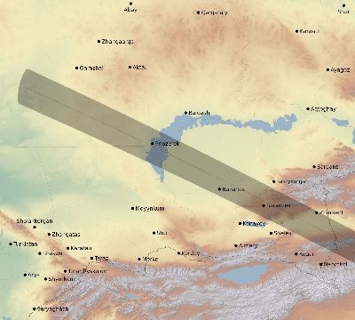 Map of the eclipse path across Kazakhstan on 11/07/2925