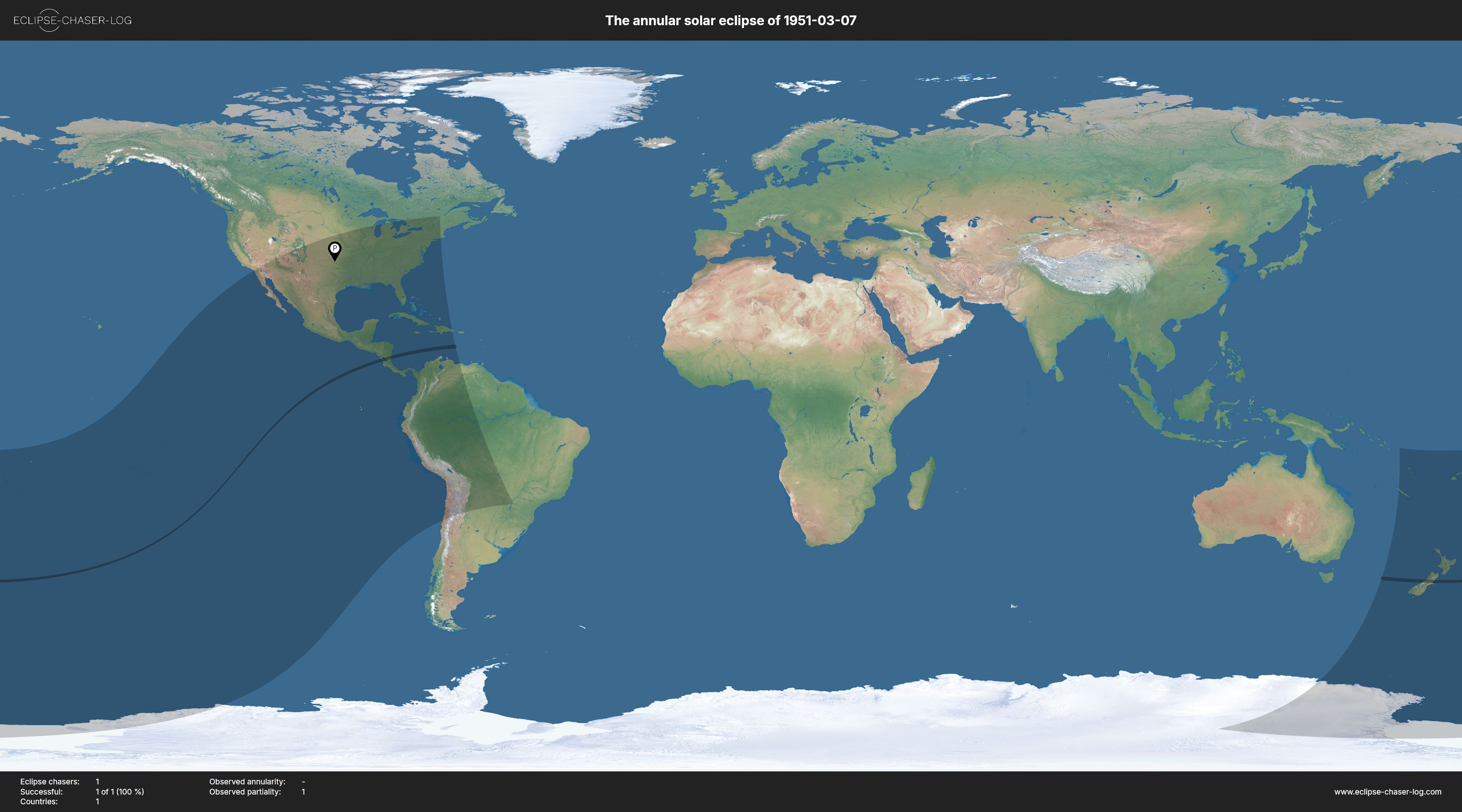 Map of all observers of the solar eclipse of 03/07/1951
