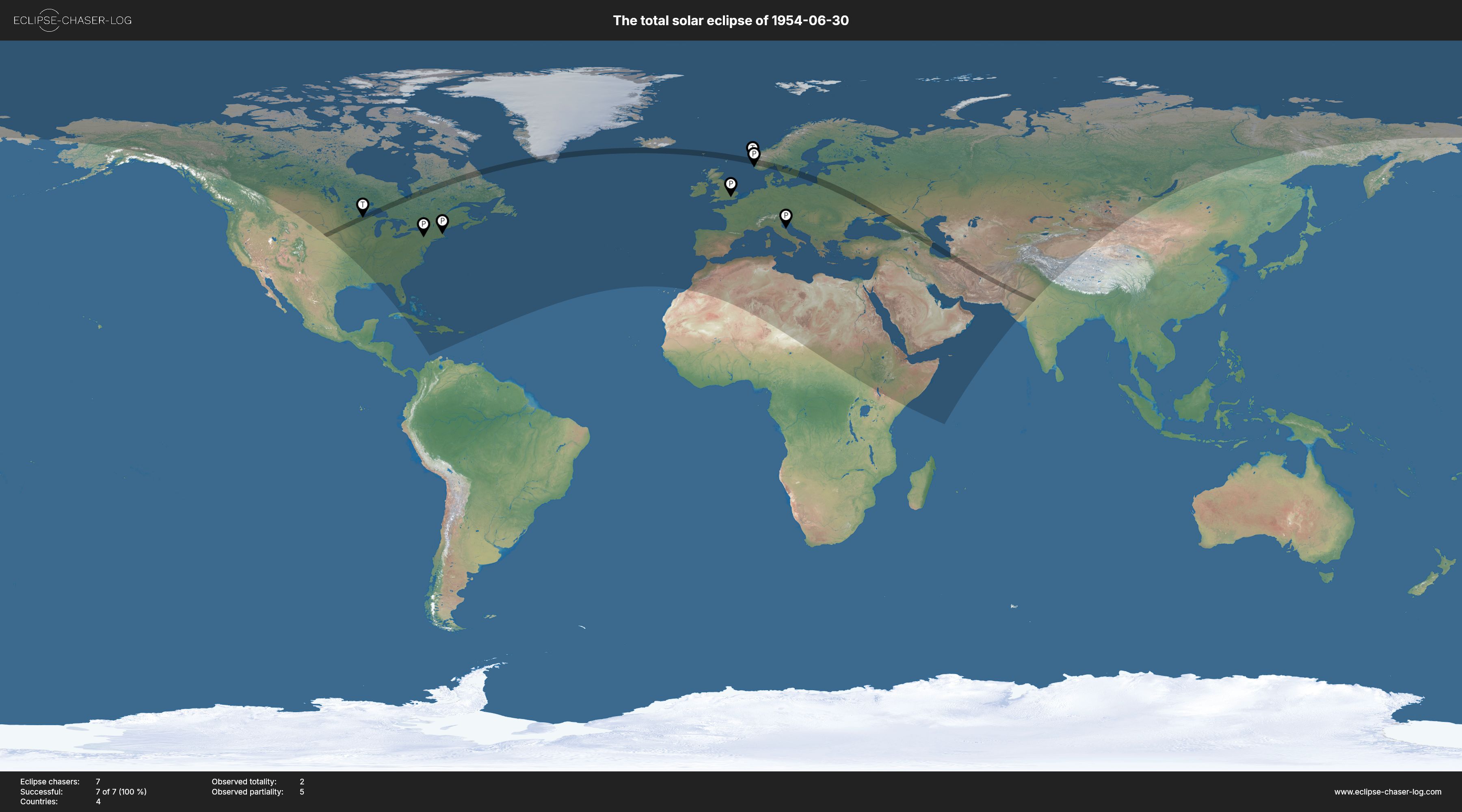 Map of all observers of the solar eclipse of 06/30/1954