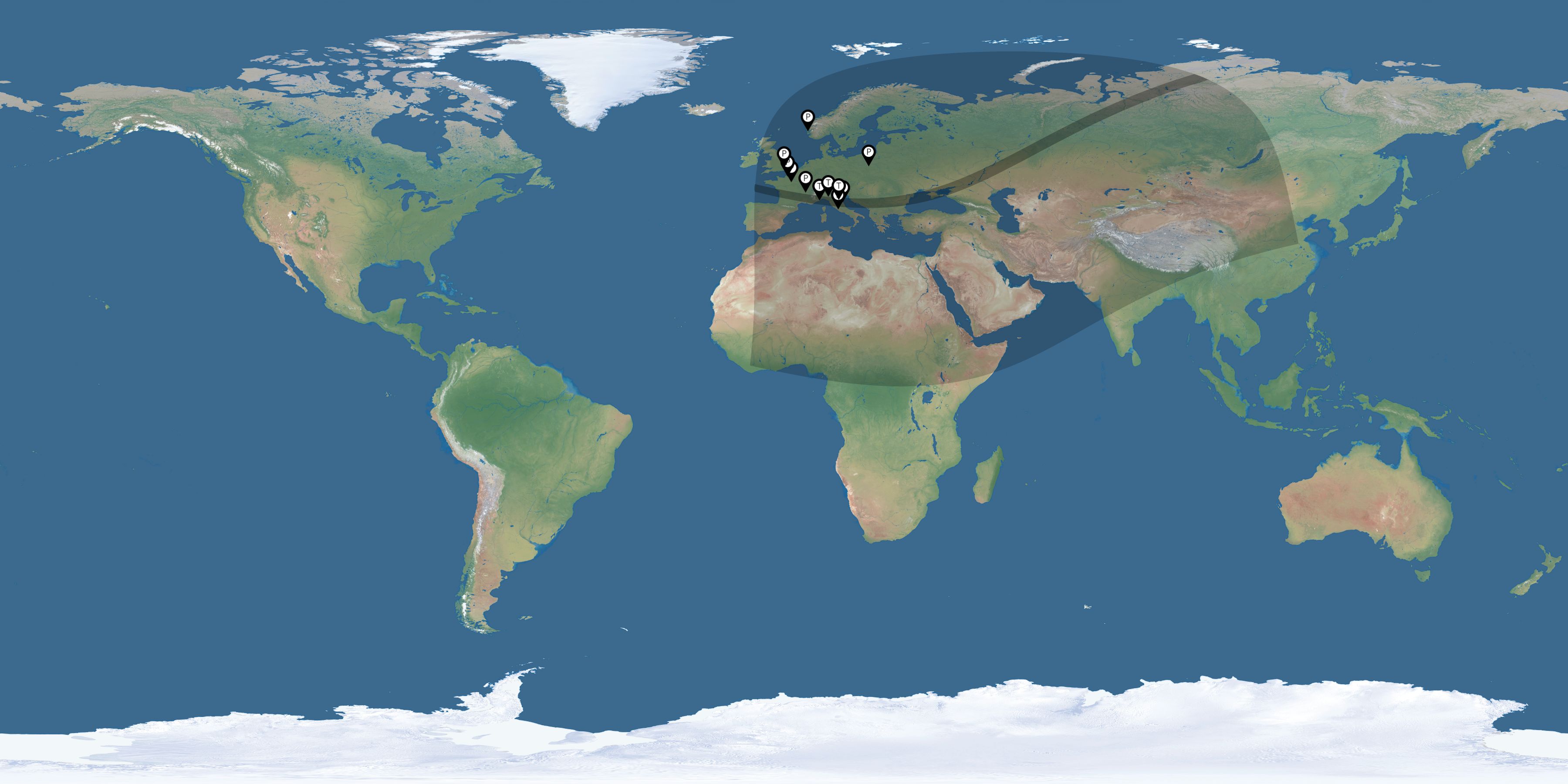 Map of all observers of the solar eclipse of 02/15/1961