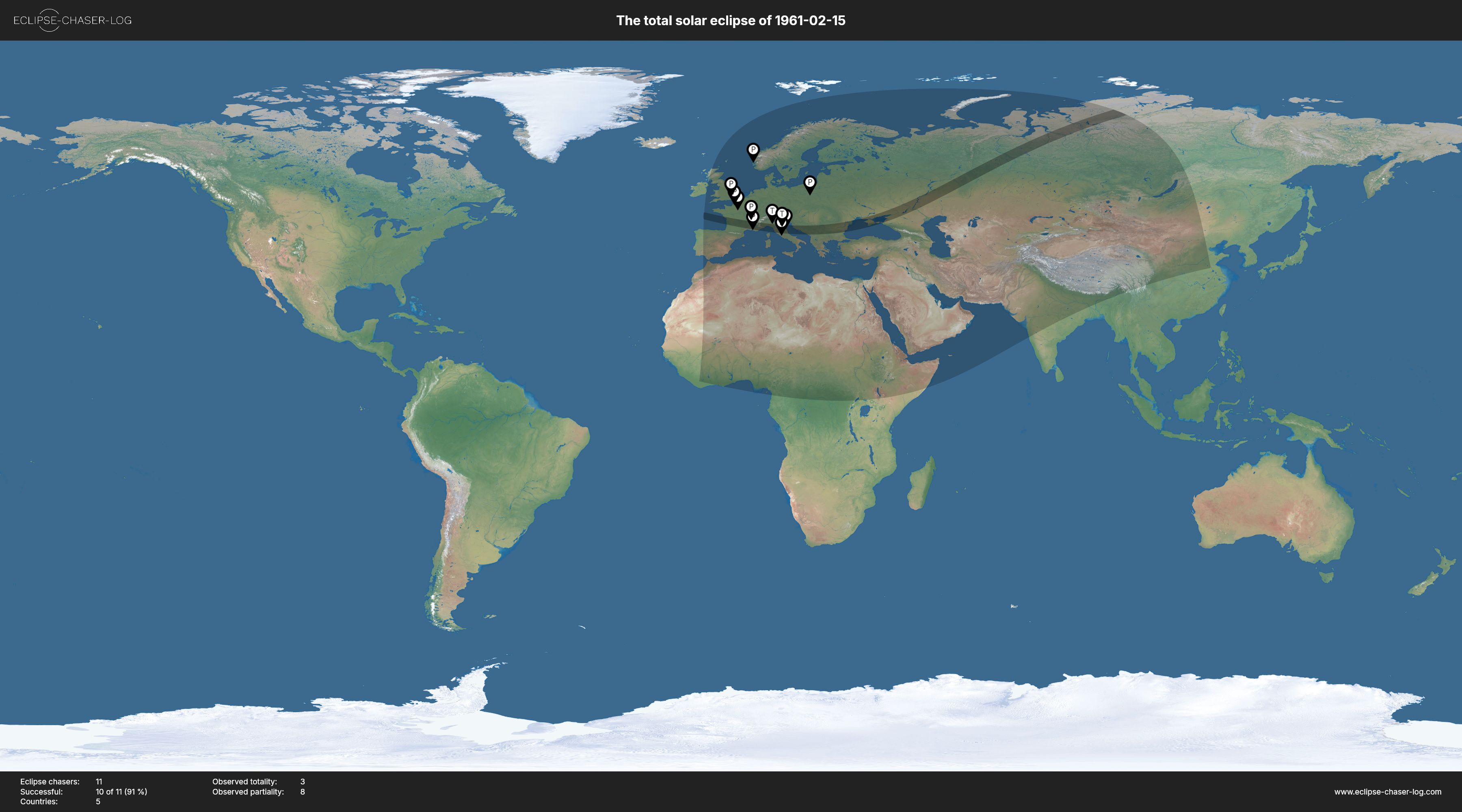 Map of all observers of the solar eclipse of 02/15/1961
