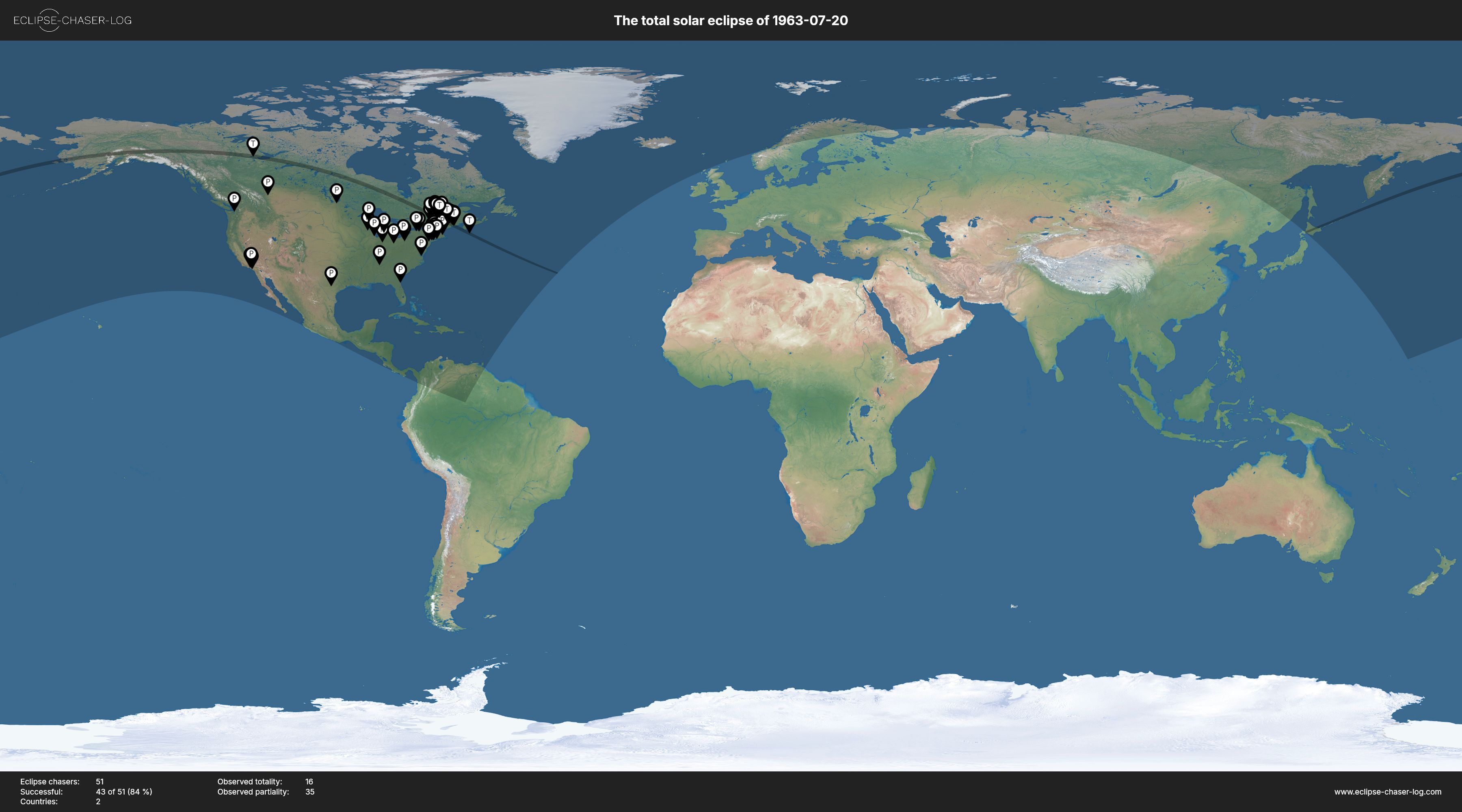 Map of all observers of the solar eclipse of 07/20/1963