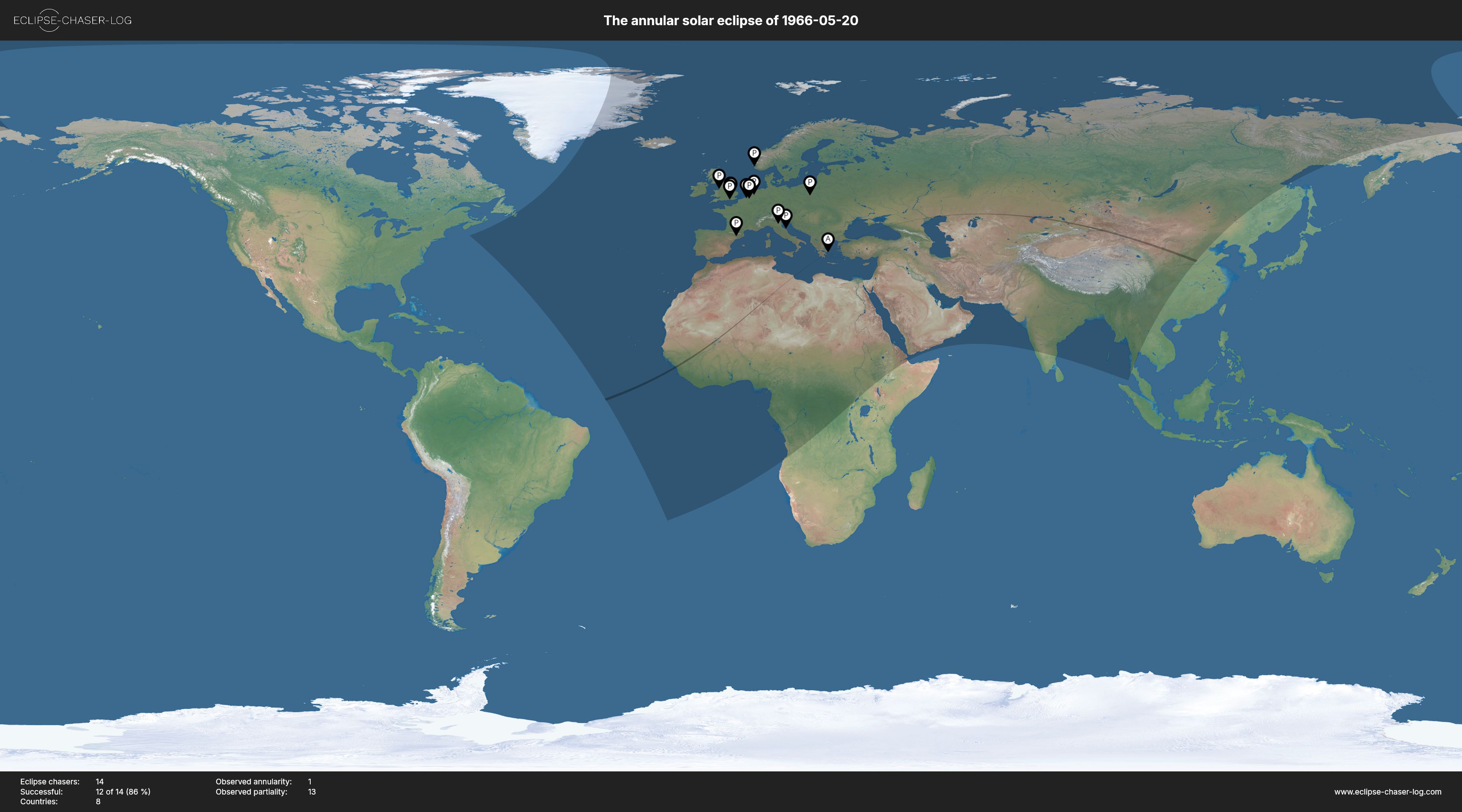 Map of all observers of the solar eclipse of 05/20/1966