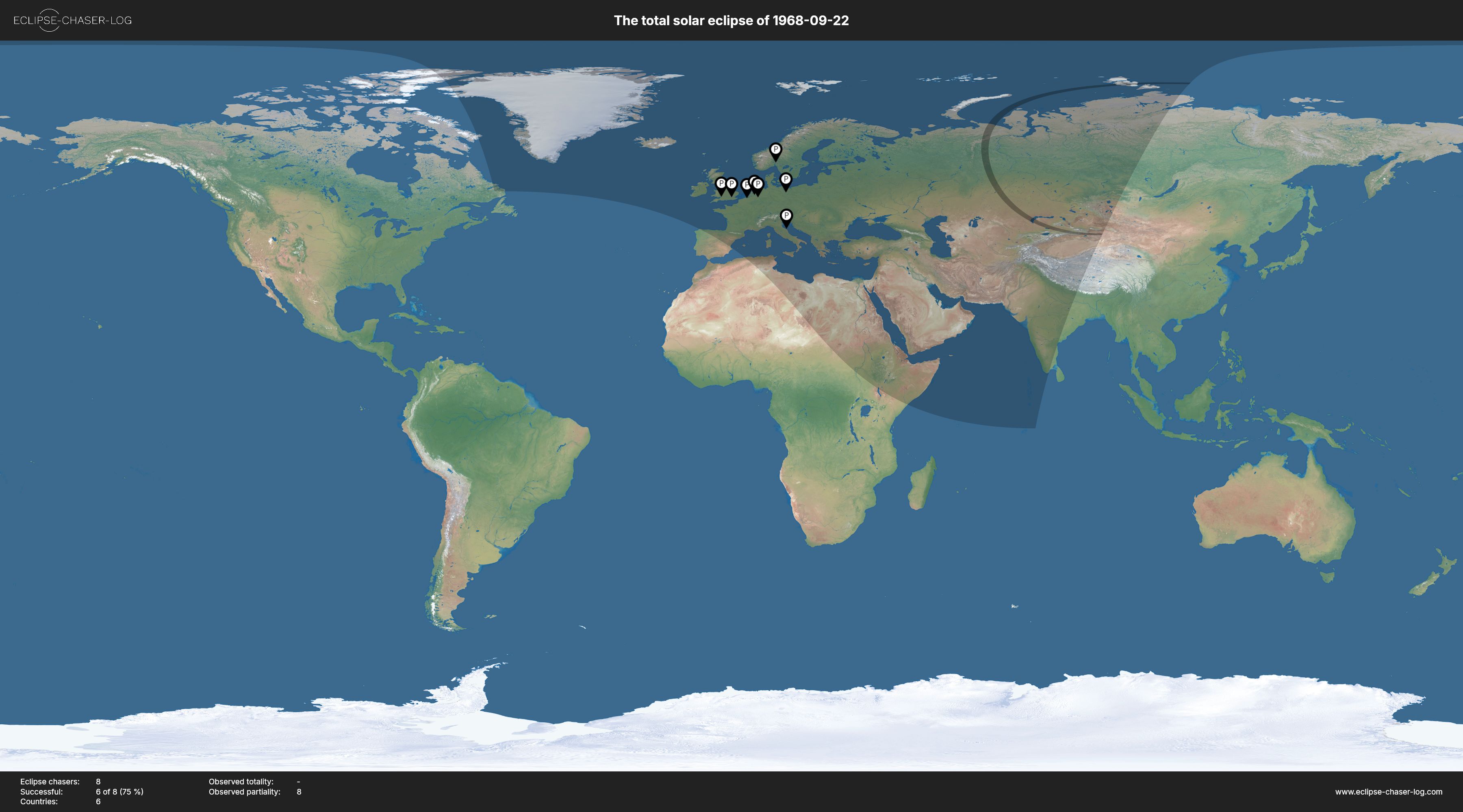 Map of all observers of the solar eclipse of 09/22/1968