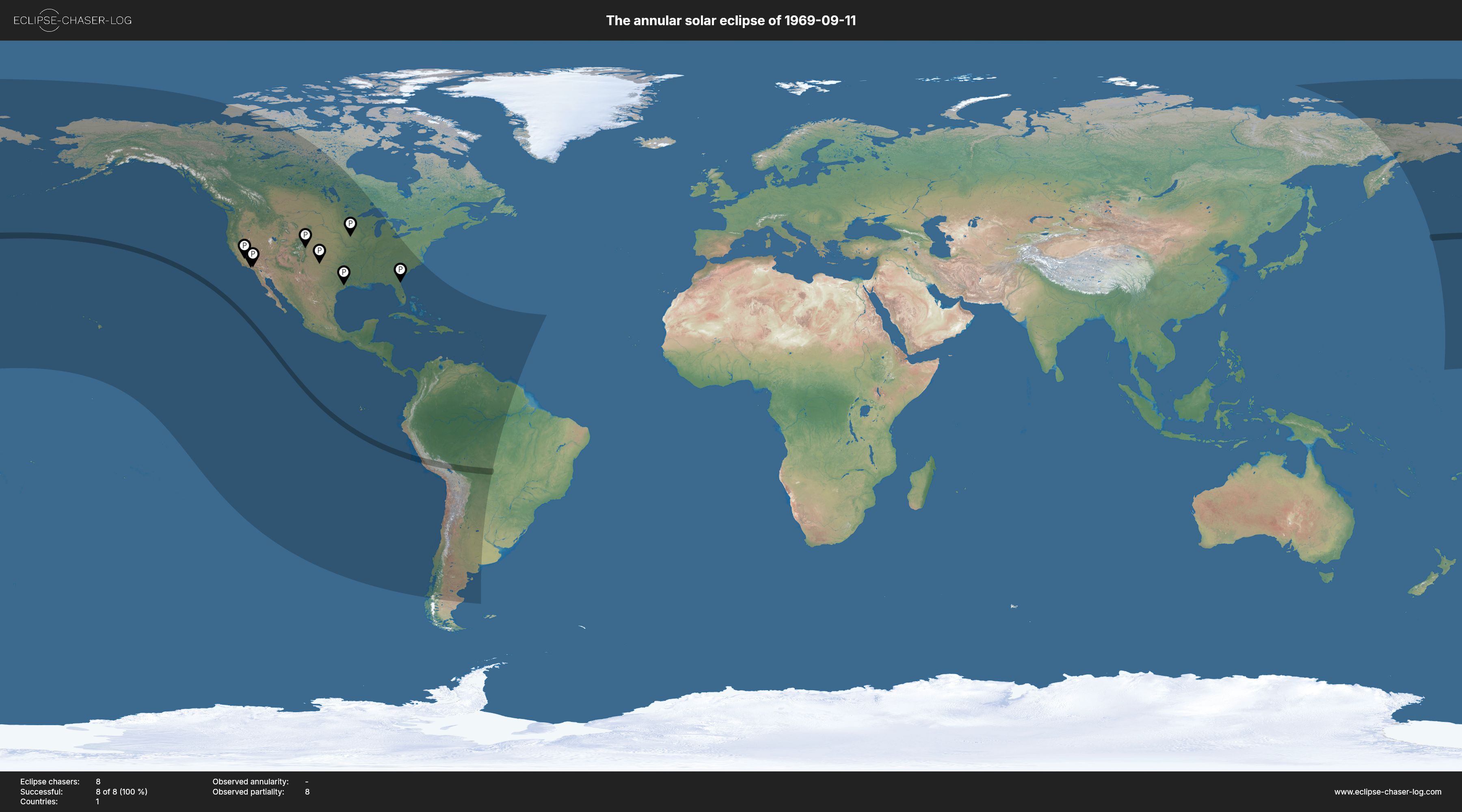 Map of all observers of the solar eclipse of 09/11/1969