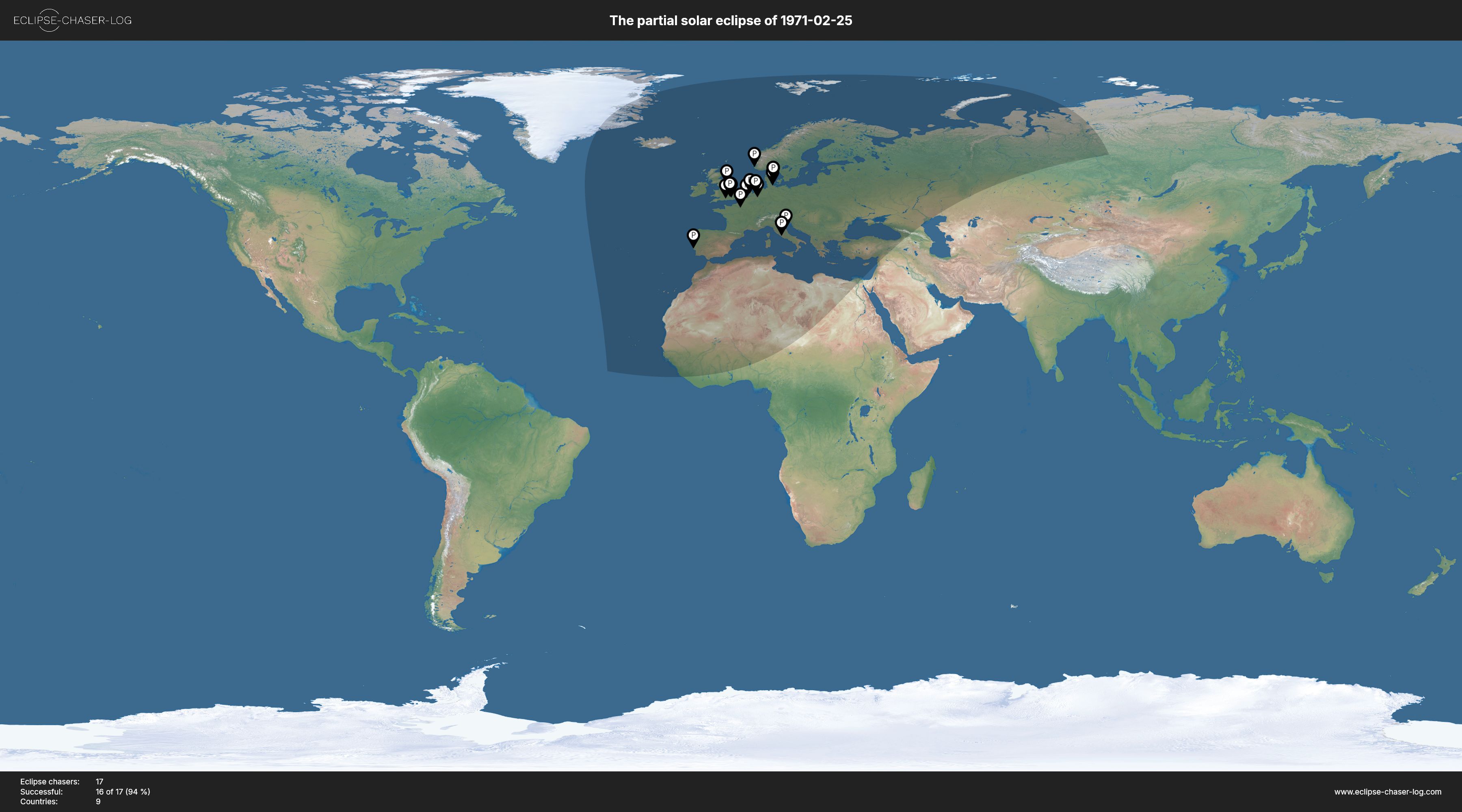 Map of all observers of the solar eclipse of 02/25/1971