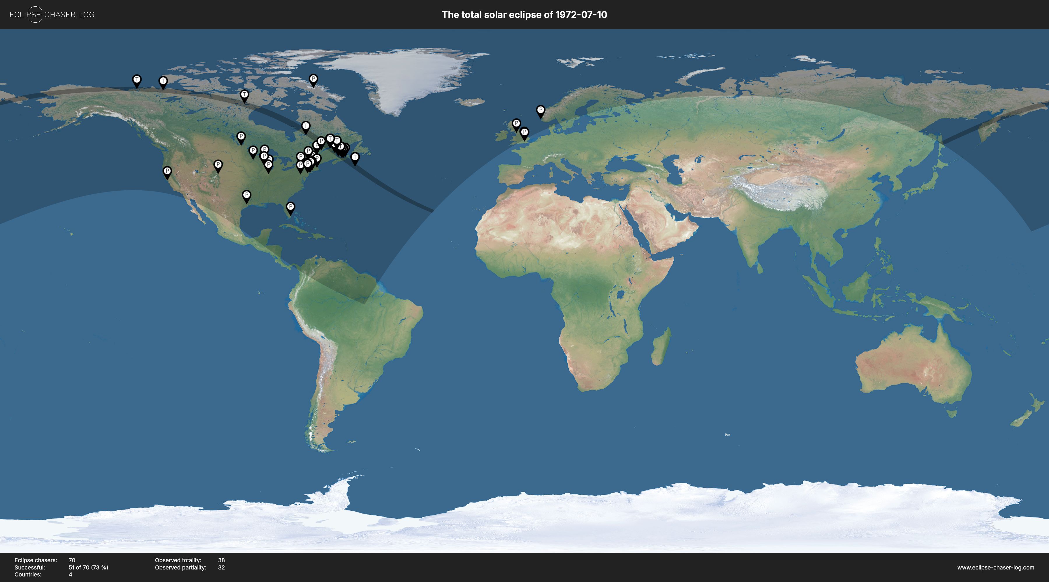 Map of all observers of the solar eclipse of 07/10/1972