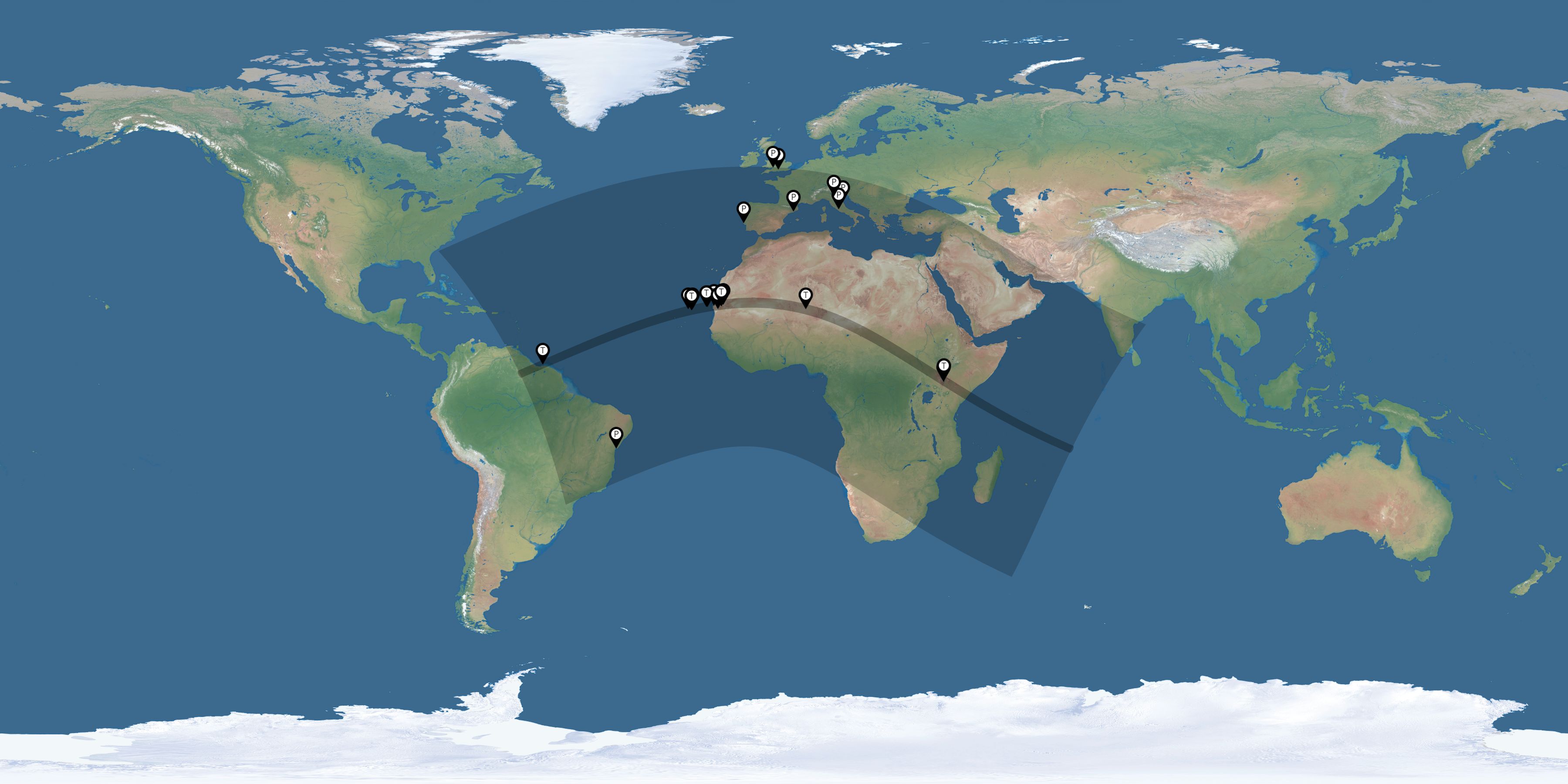 Map of all observers of the solar eclipse of 06/30/1973