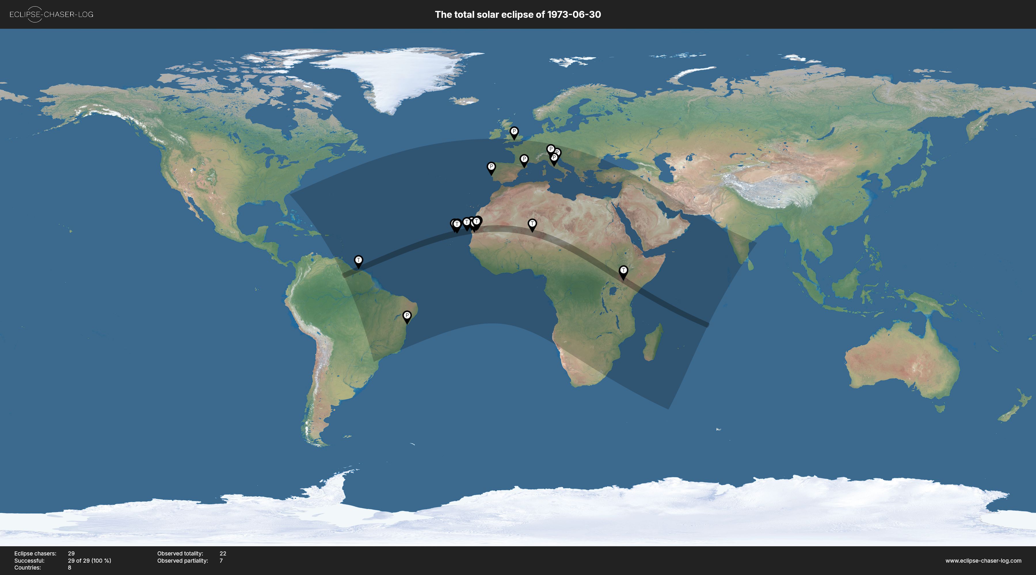 Map of all observers of the solar eclipse of 06/30/1973
