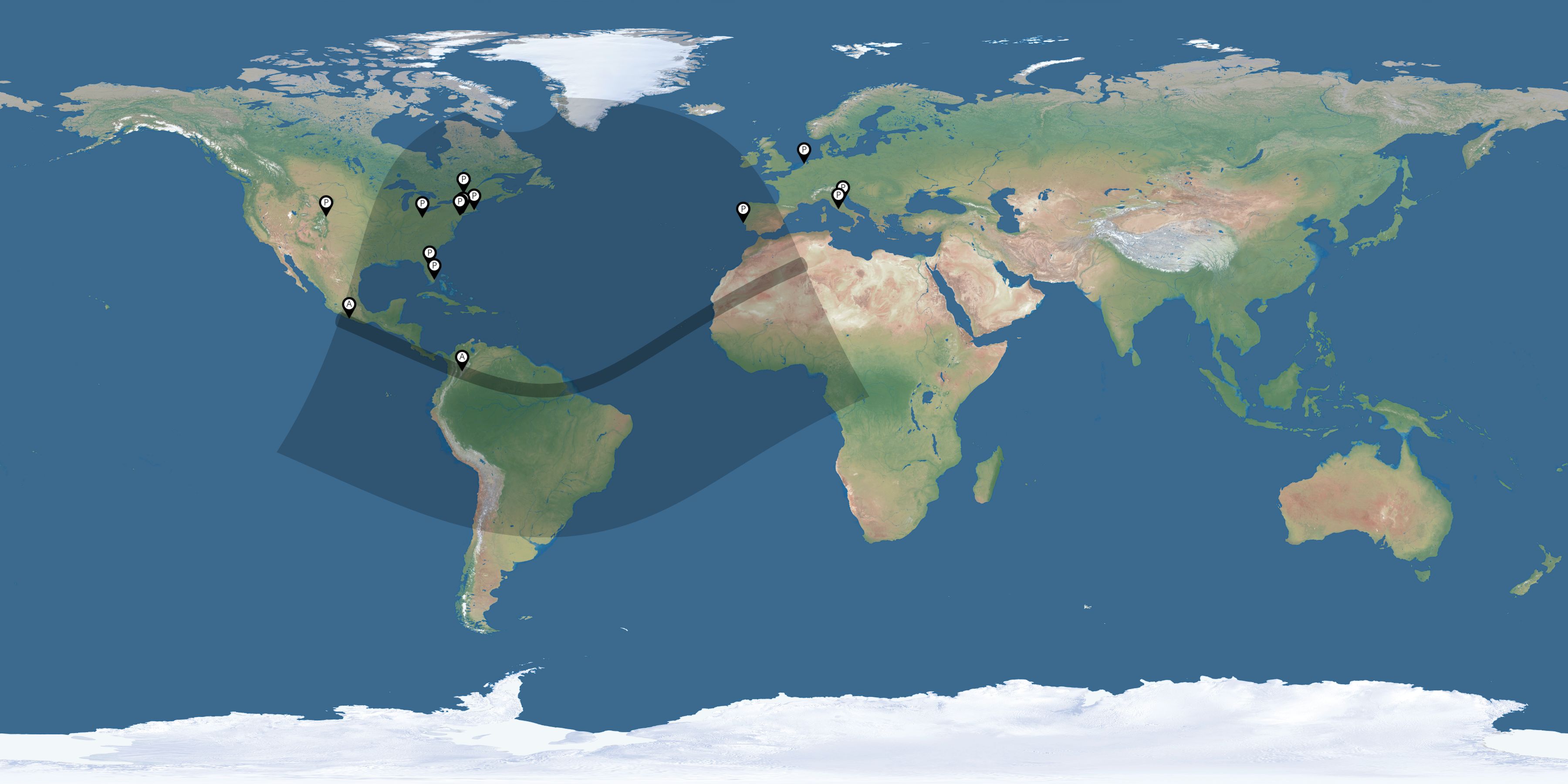 Map of all observers of the solar eclipse of 12/24/1973