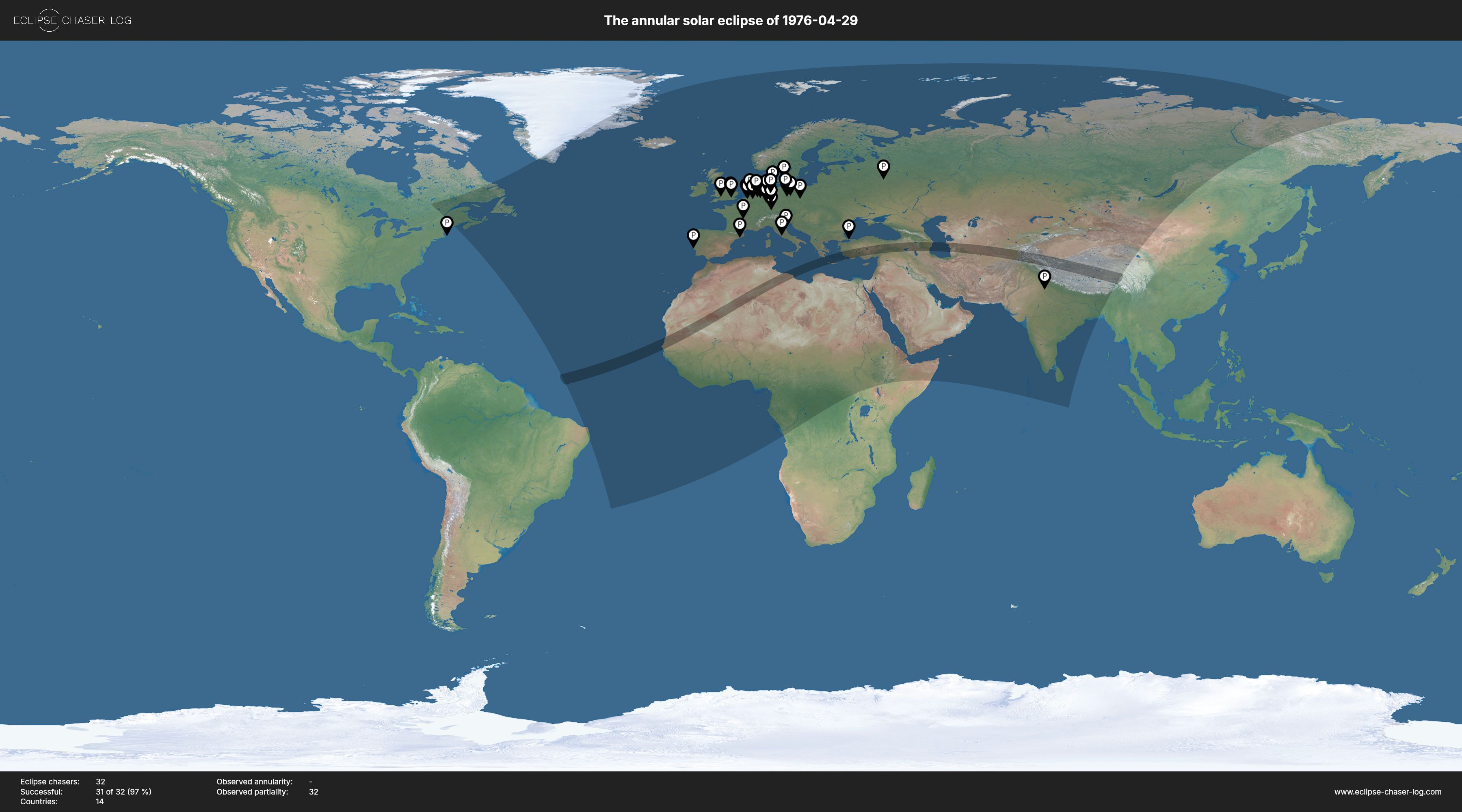 Map of all observers of the solar eclipse of 04/29/1976