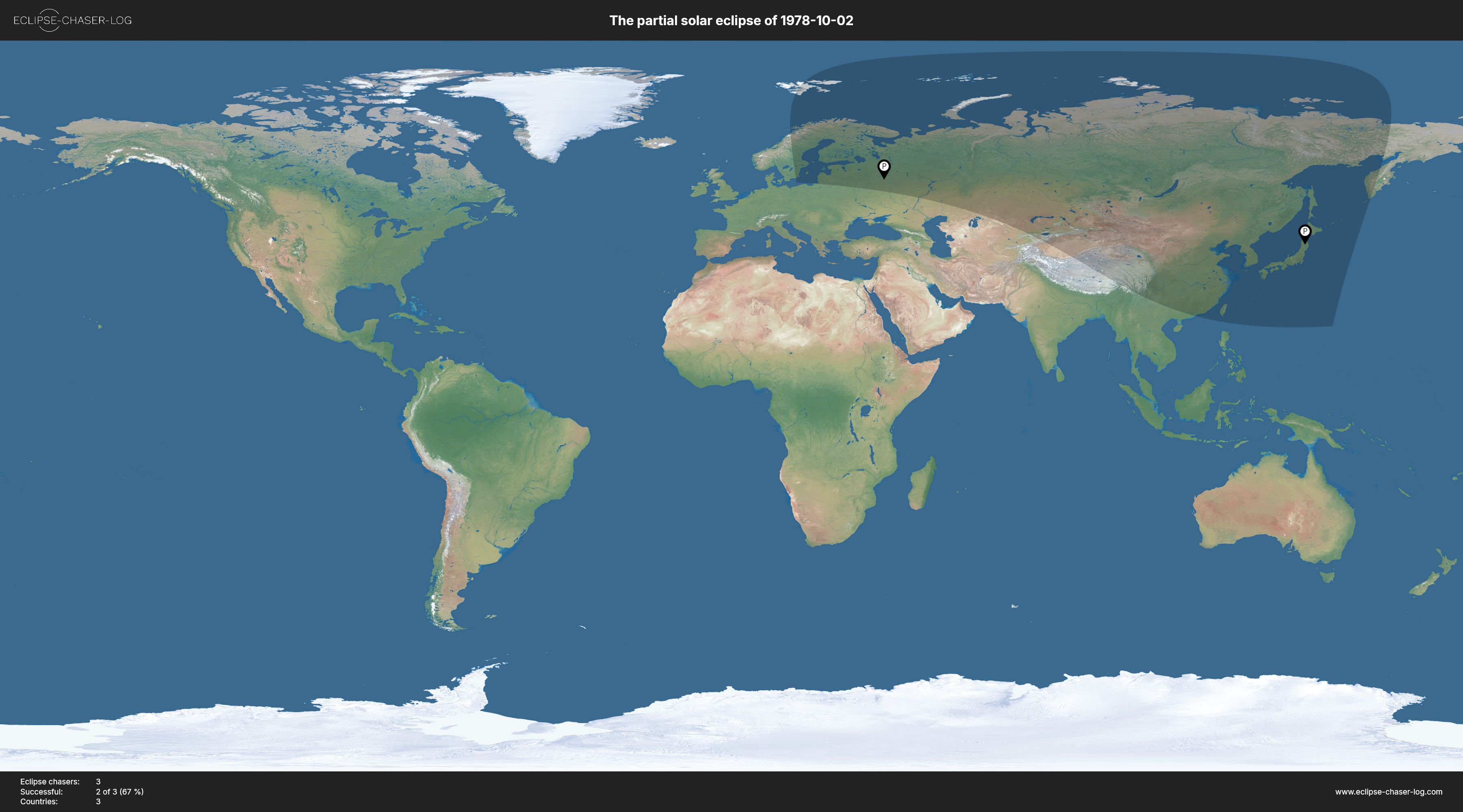 Map of all observers of the solar eclipse of 10/02/1978