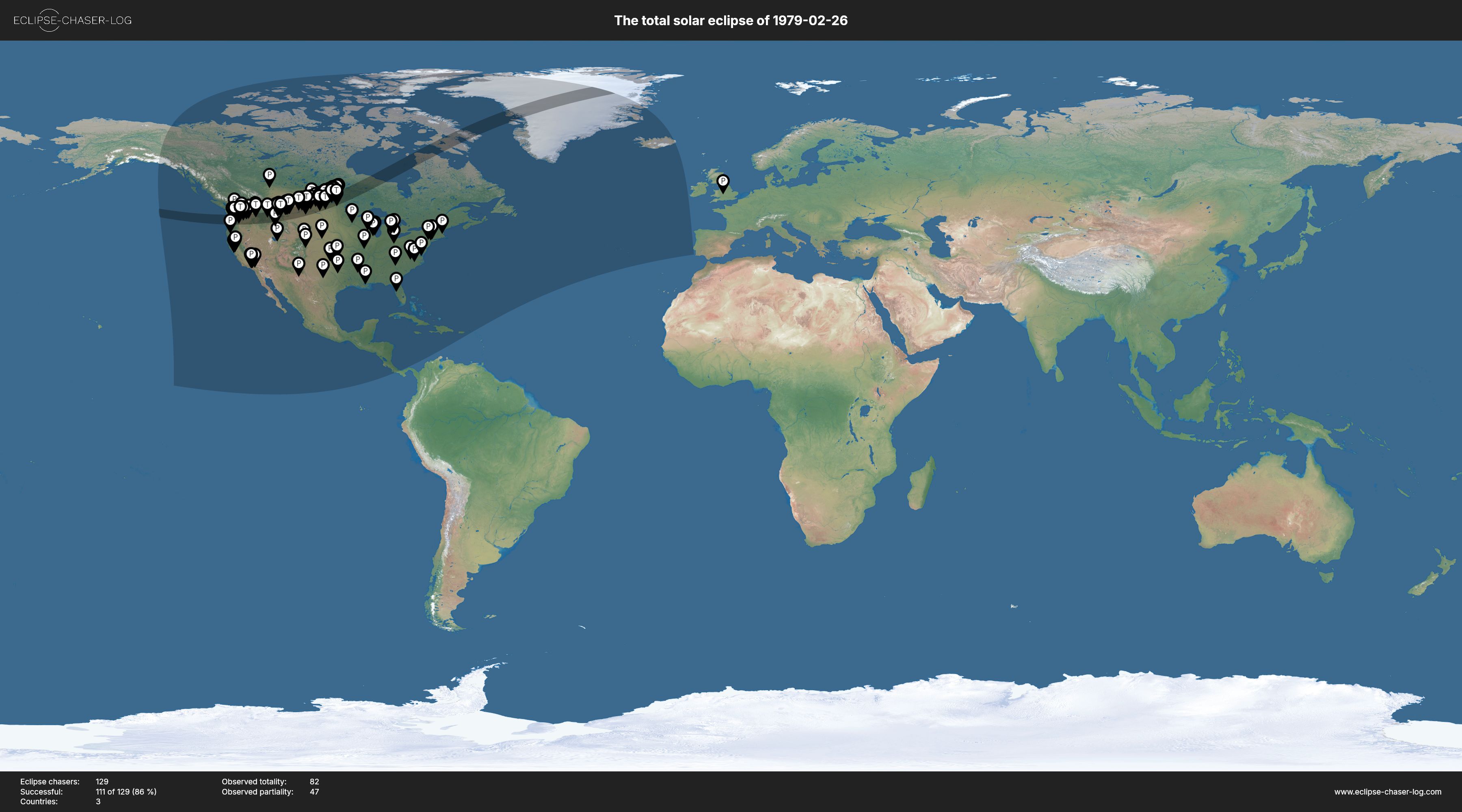 Map of all observers of the solar eclipse of 02/26/1979
