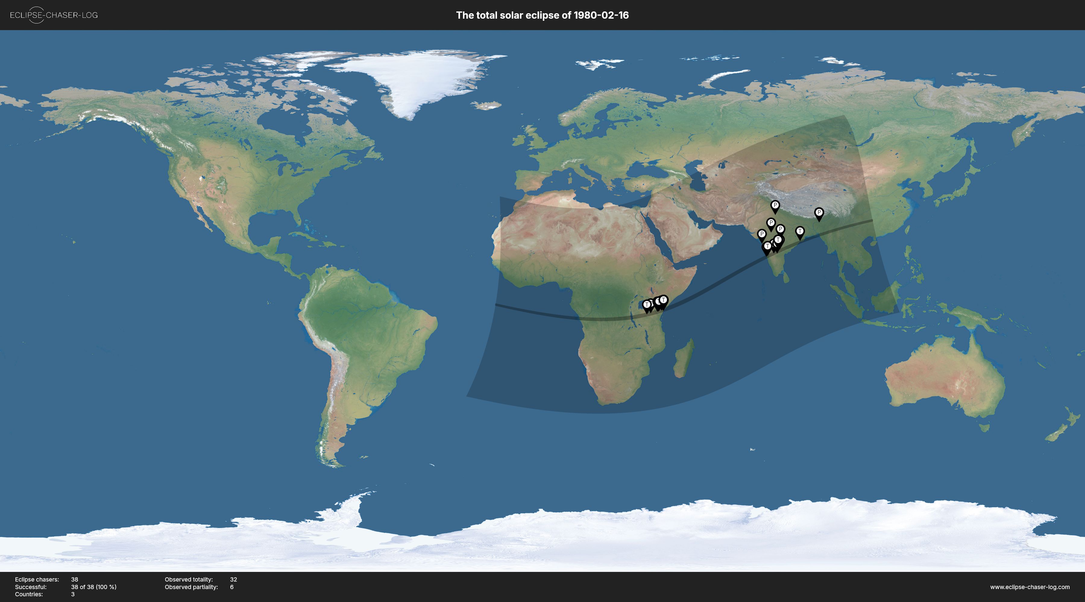 Map of all observers of the solar eclipse of 02/16/1980