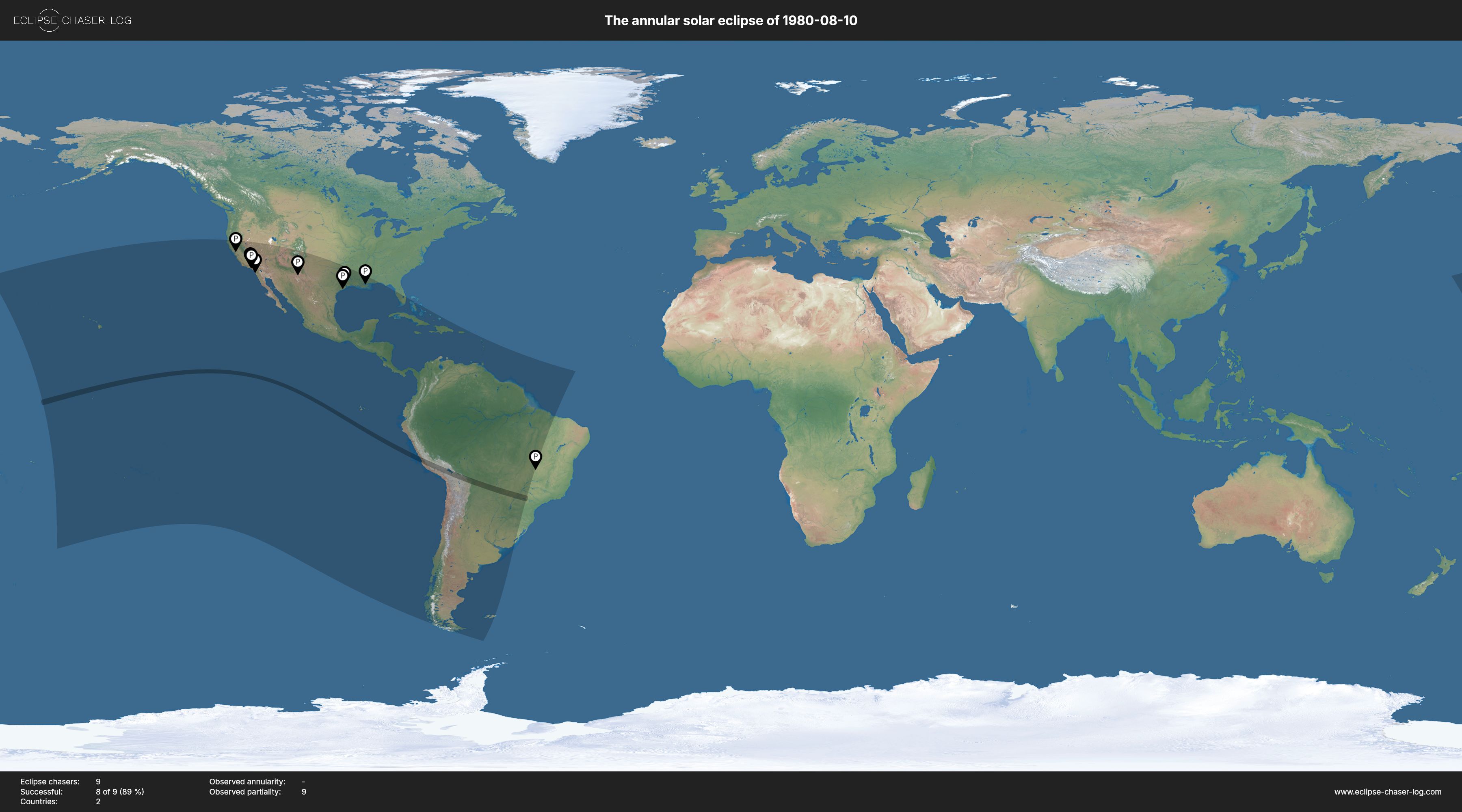 Map of all observers of the solar eclipse of 08/10/1980