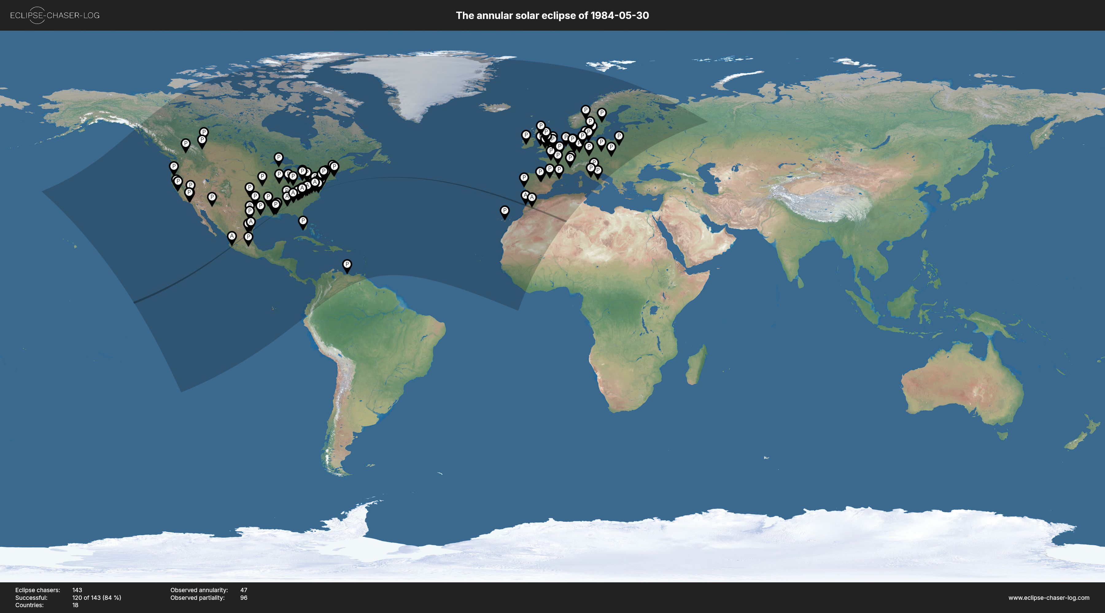 Map of all observers of the solar eclipse of 05/30/1984