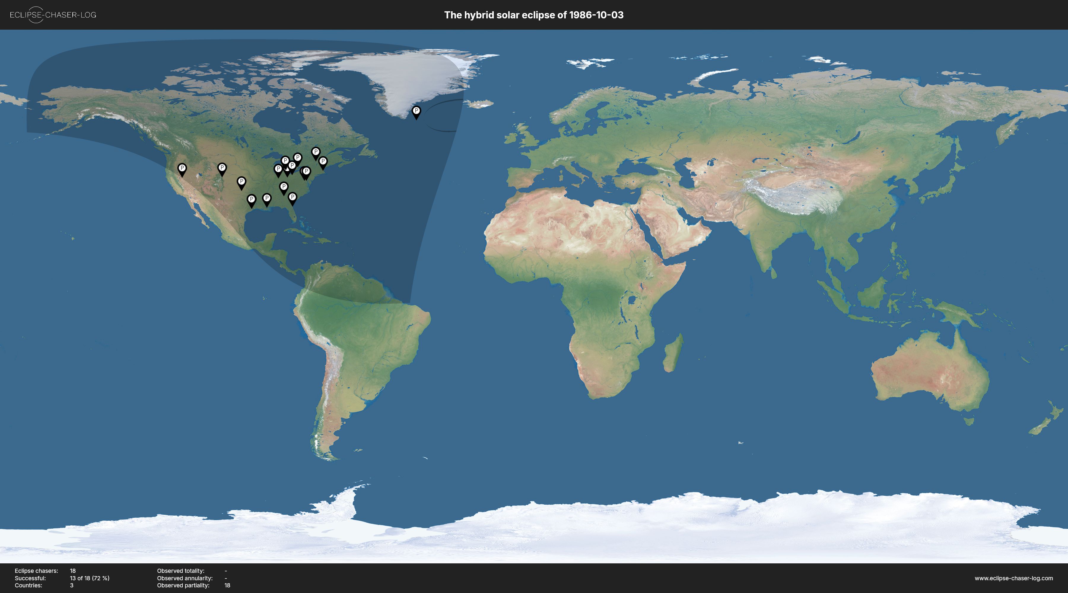 Map of all observers of the solar eclipse of 10/03/1986