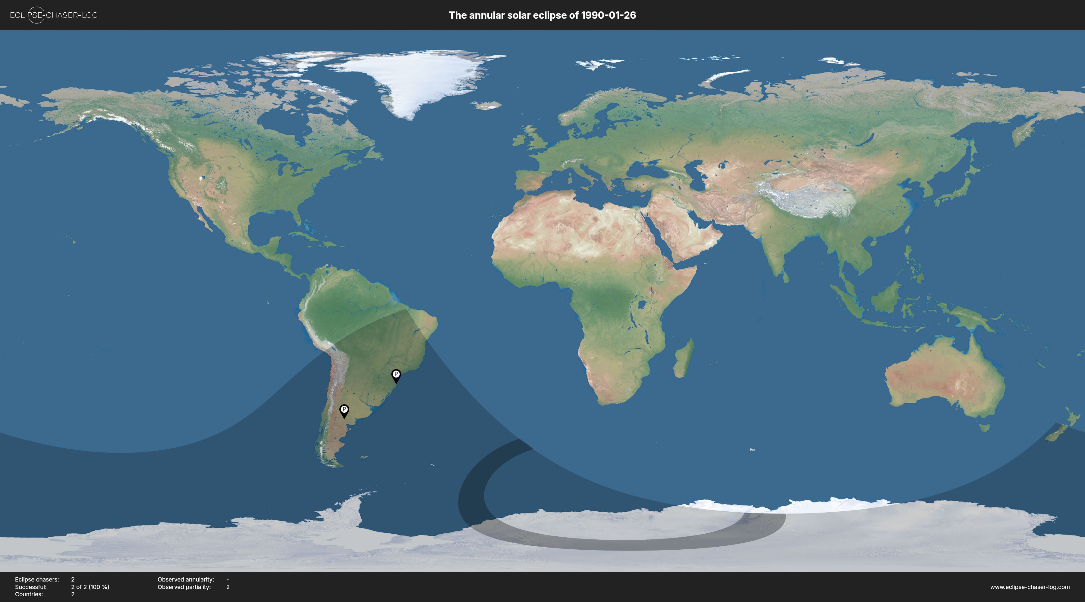 Map of all observers of the solar eclipse of 01/26/1990