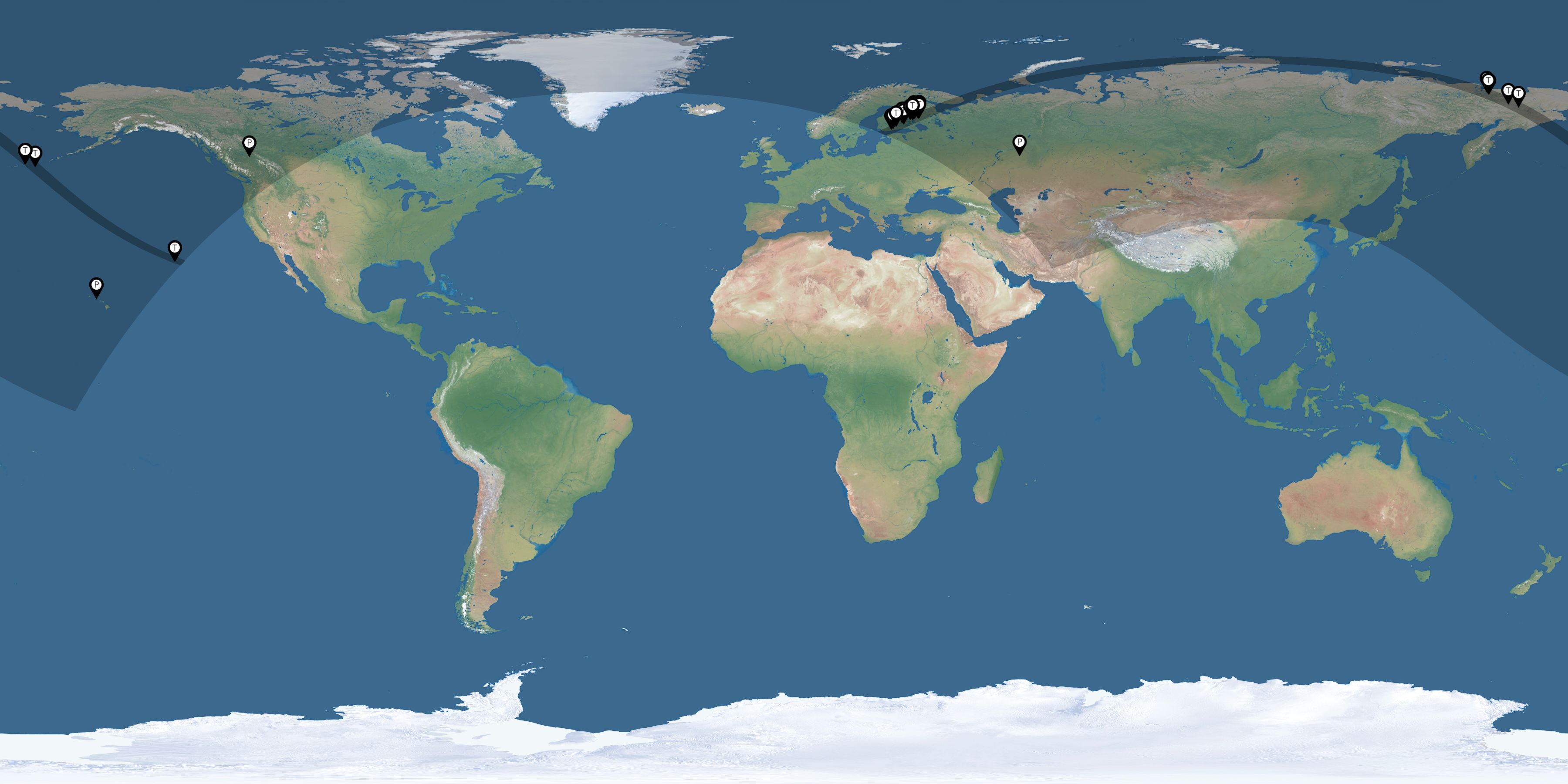 Map of all observers of the solar eclipse of 07/22/1990