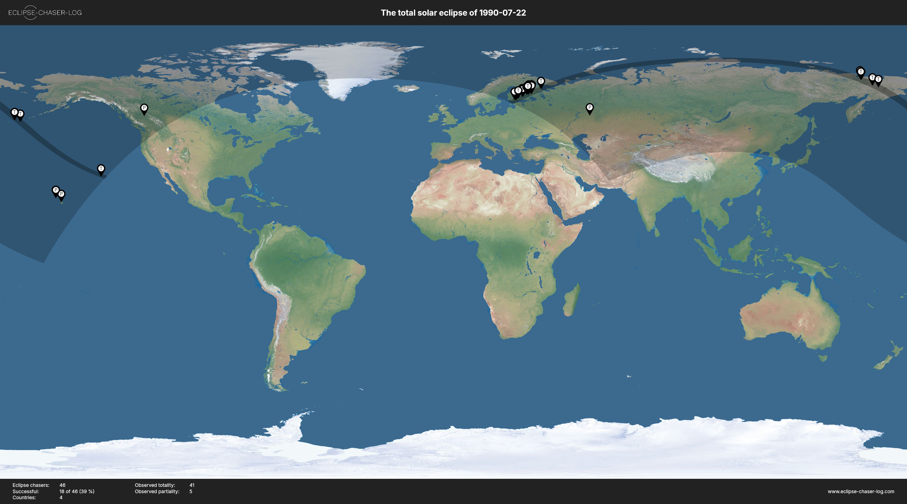Map of all observers of the solar eclipse of 07/22/1990