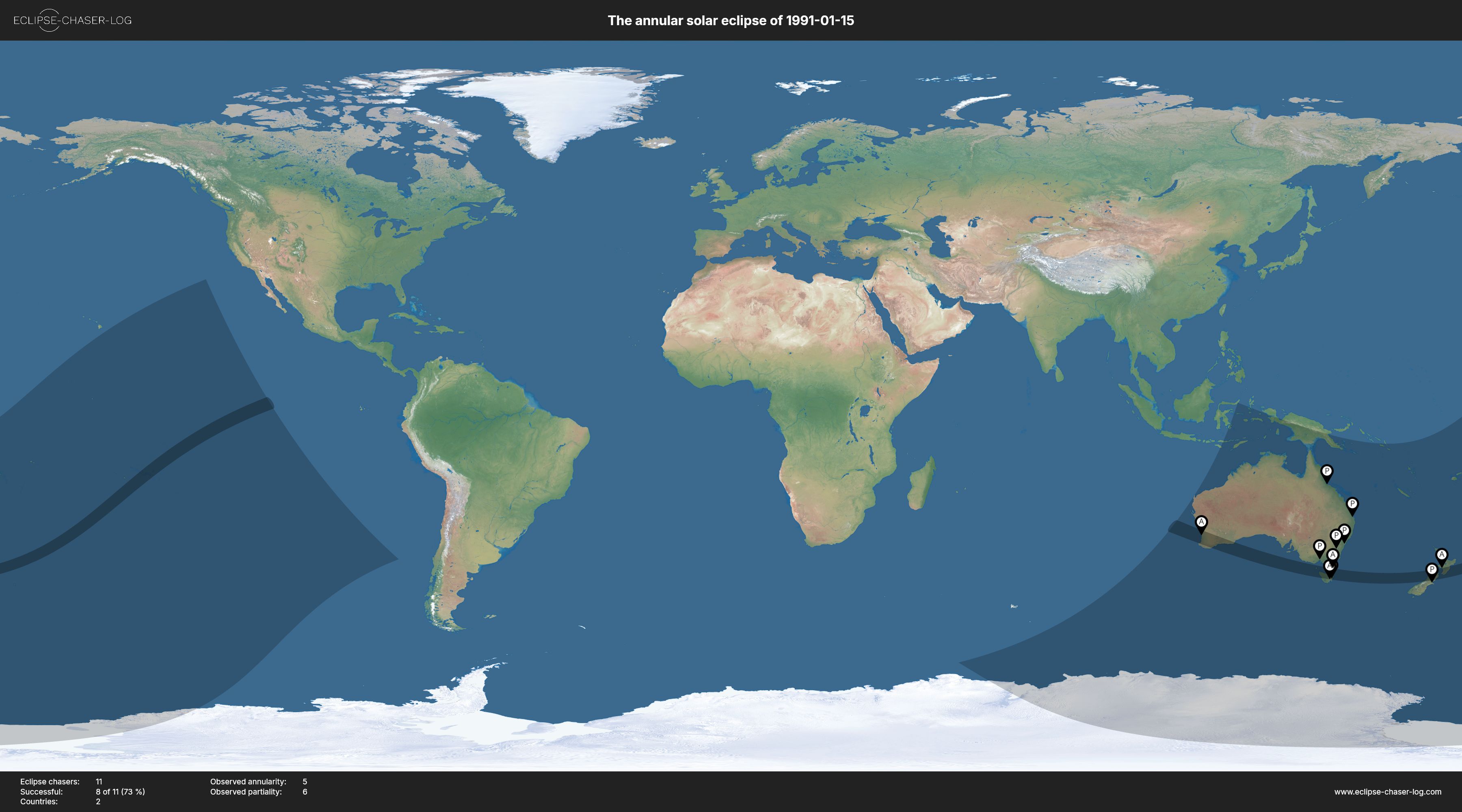 Map of all observers of the solar eclipse of 01/15/1991