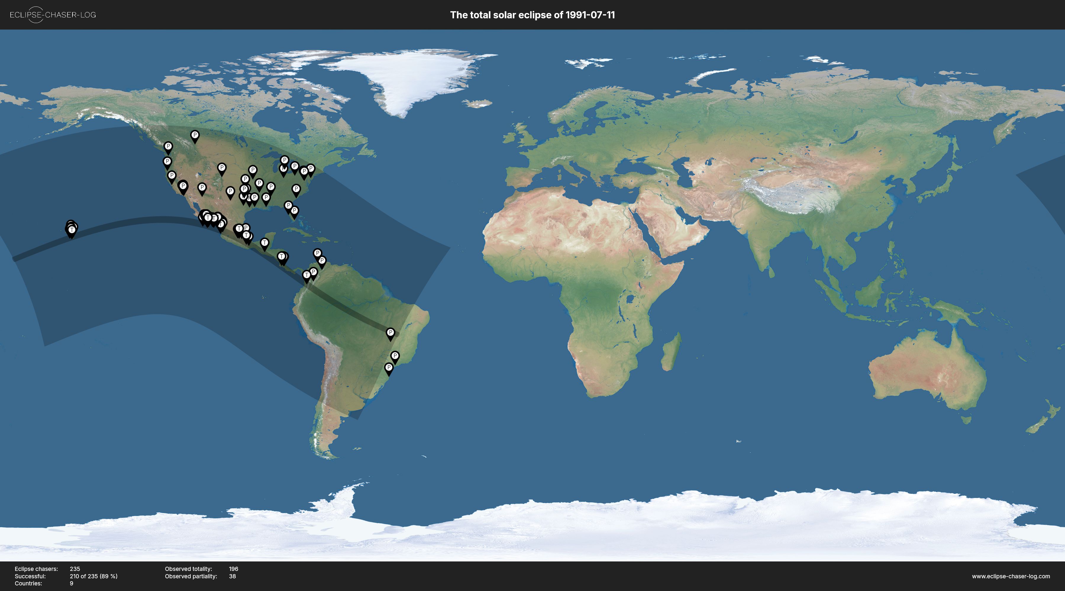 Map of all observers of the solar eclipse of 07/11/1991