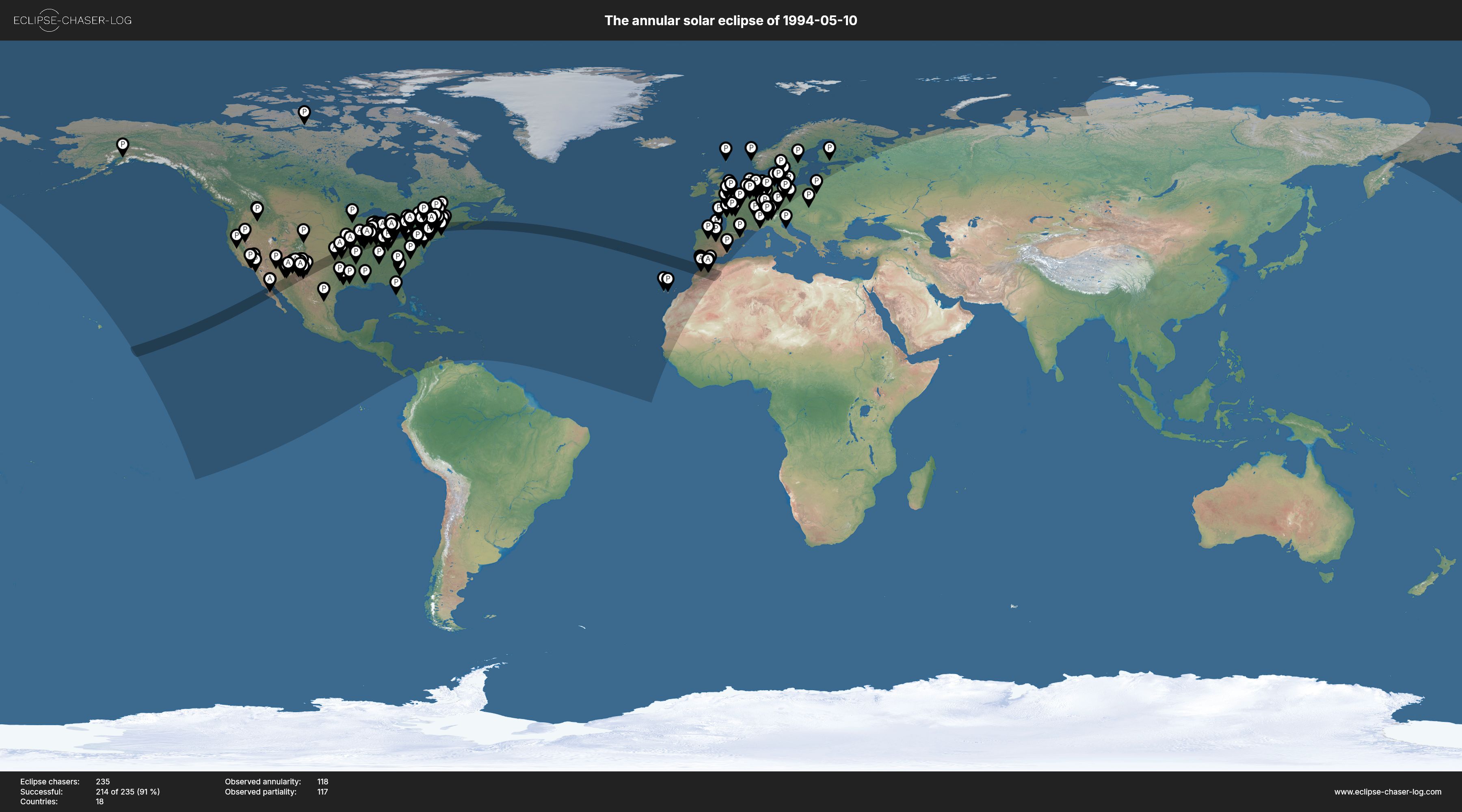Map of all observers of the solar eclipse of 05/10/1994