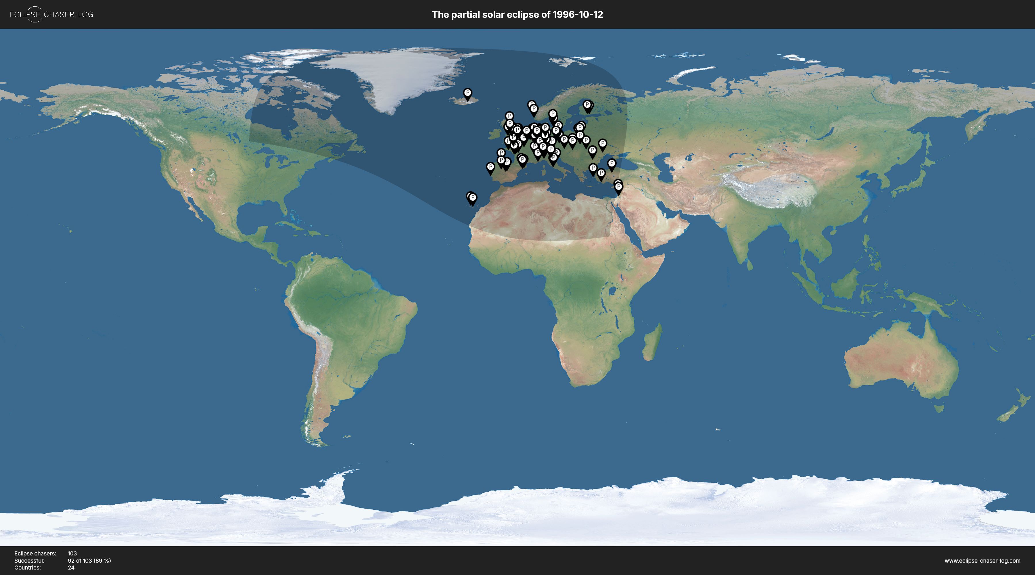 Map of all observers of the solar eclipse of 10/12/1996