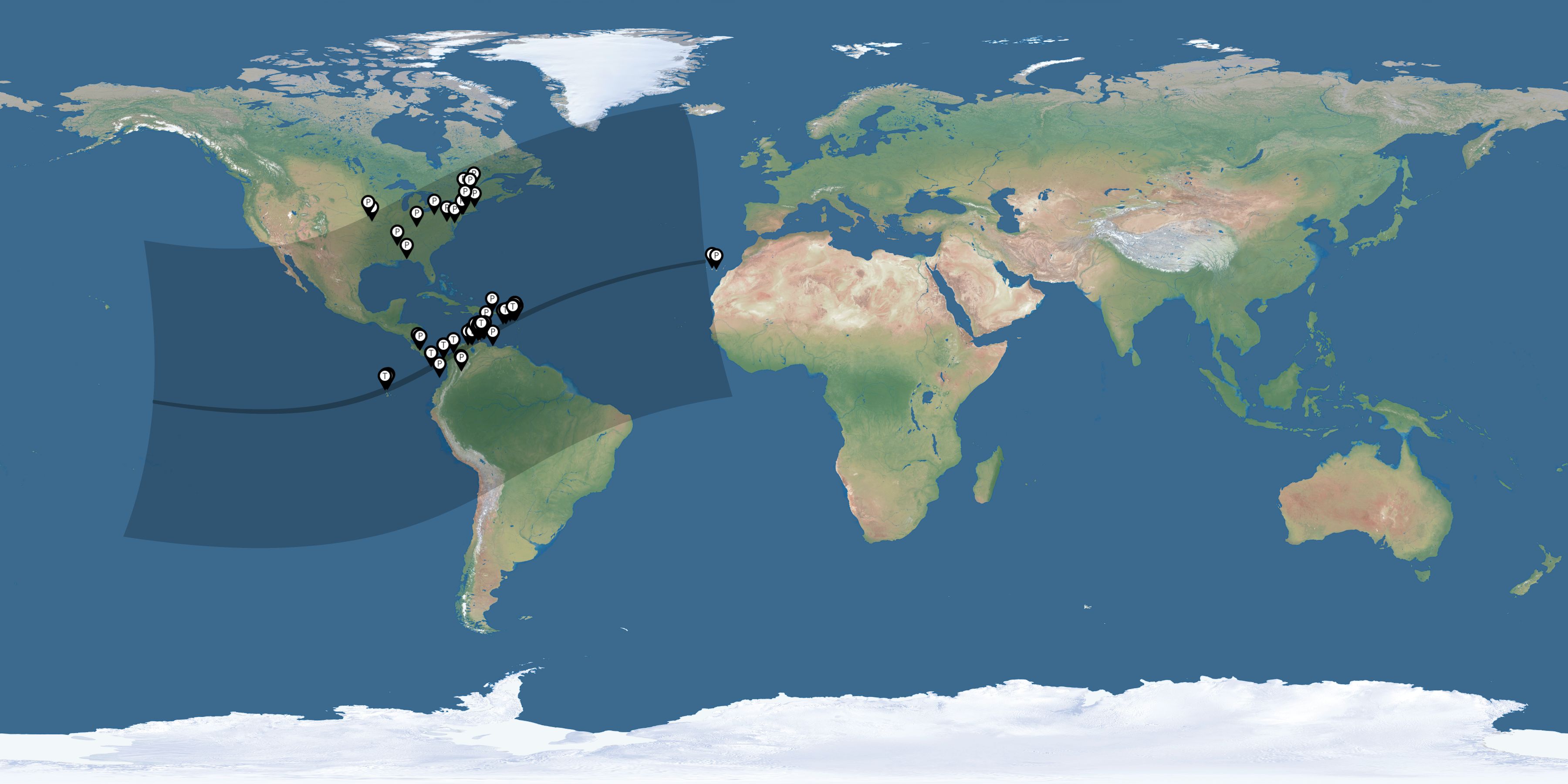 Map of all observers of the solar eclipse of 02/26/1998
