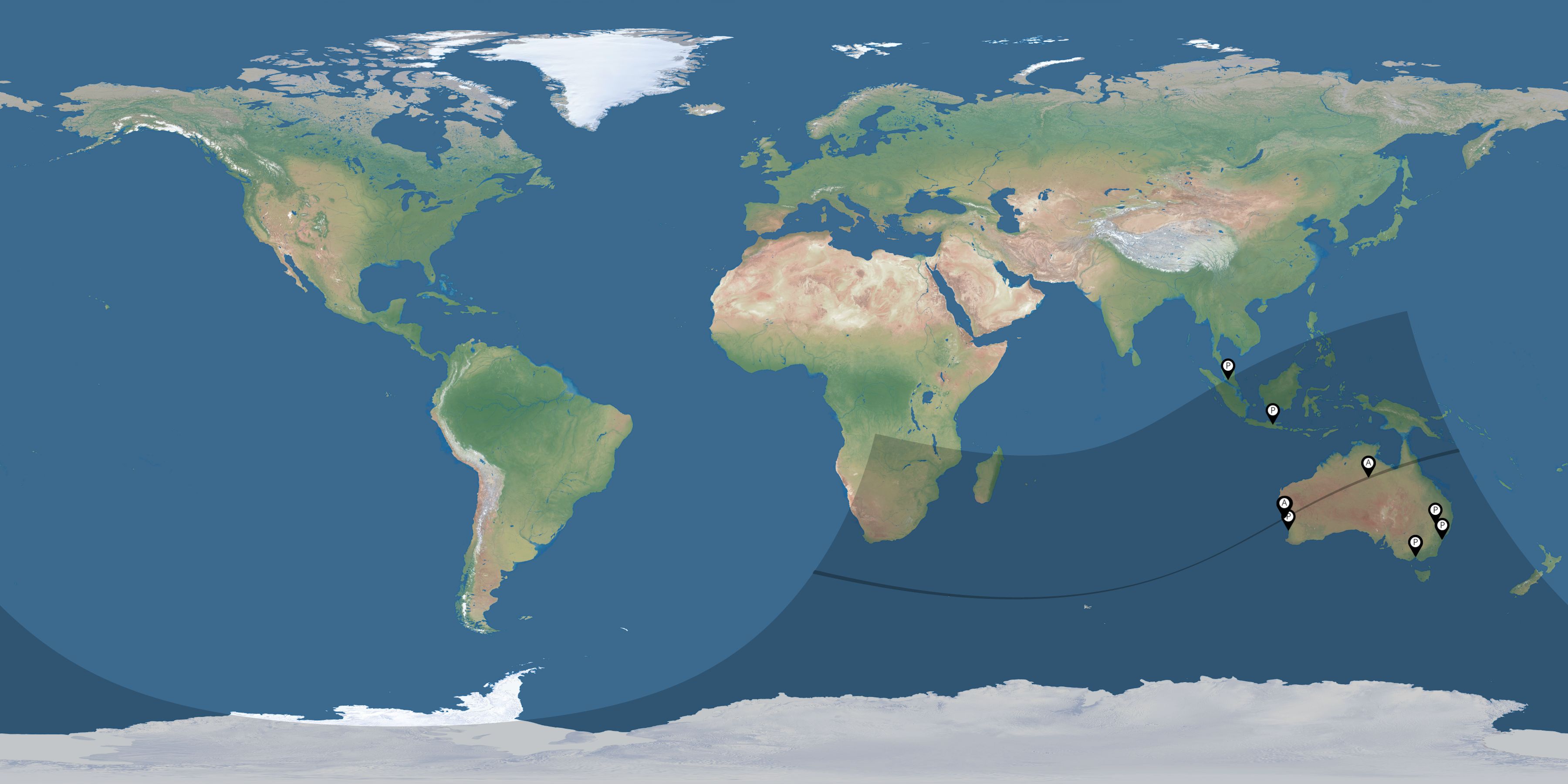 Map of all observers of the solar eclipse of 02/16/1999